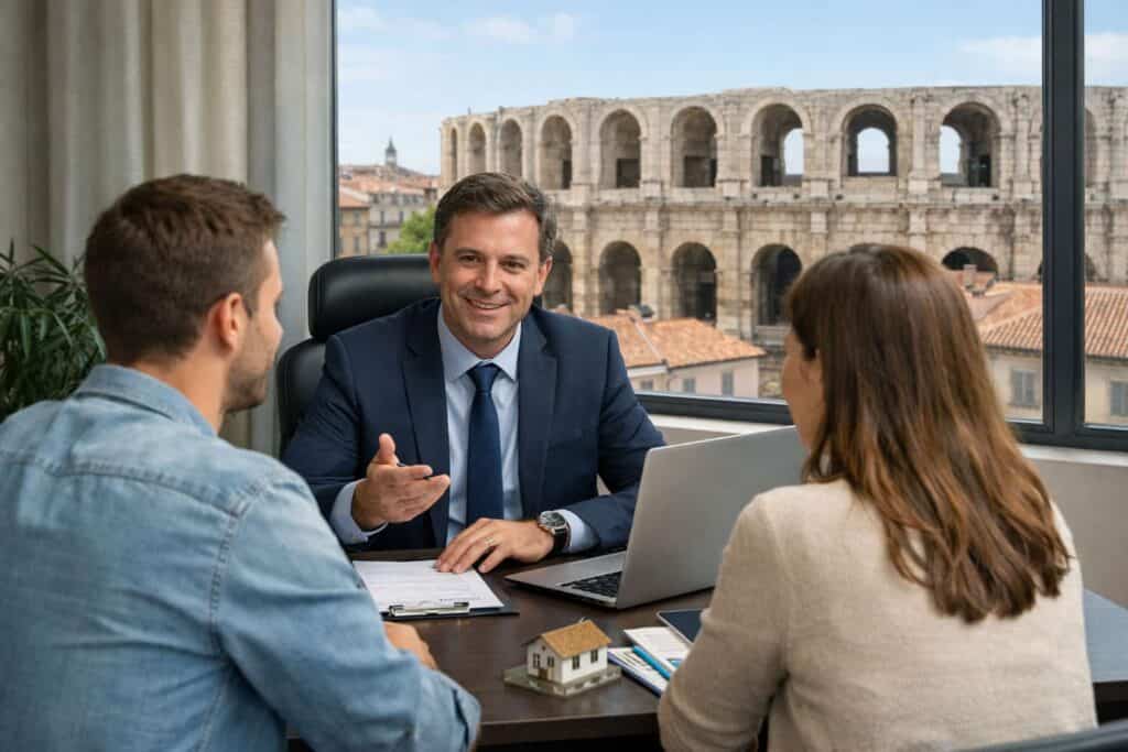 Courtier en assurances recevant un couple dans son bureau à Arles, avec vue sur les arènes, lors d’un rendez-vous de conseil personnalisé dans les Bouches-du-Rhône