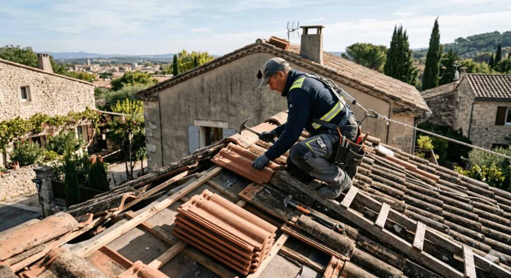 Artisan en train de réparer une toiture illustrant les risques couverts par une assurance RC Pro