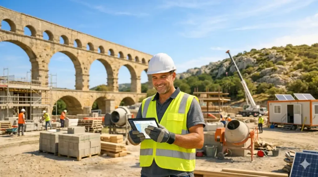 Artisan du bâtiment serein sur un chantier dans le 13 et le 30, couvert par l'assurance décennale.