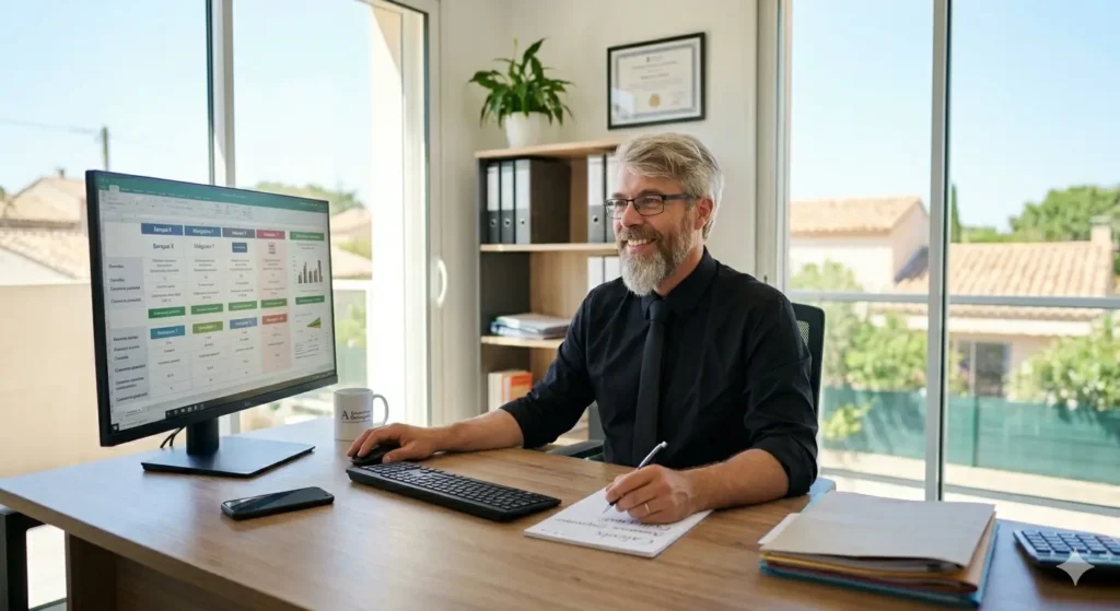 Expert en assurance emprunteur à Bellegarde analysant un comparatif de garanties de prêt immobilier dans son bureau.