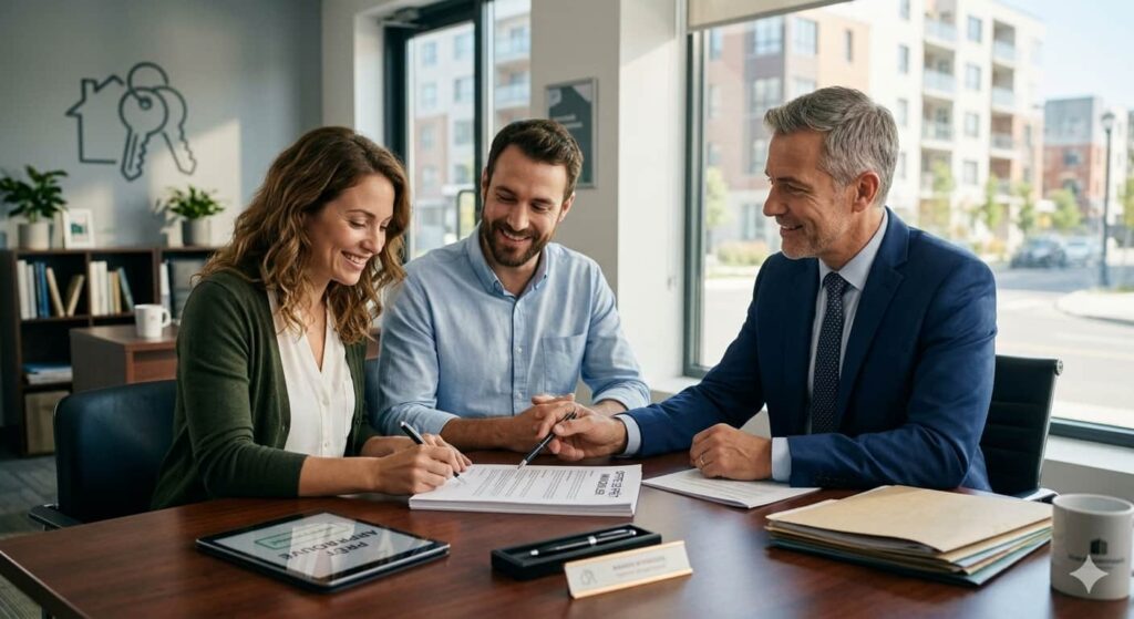assurance emprunteur Courtier en assurance expliquant  à un couple