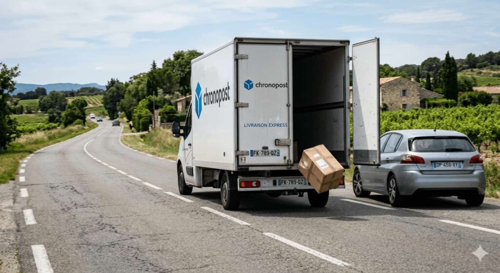 Colis tombant d’un camion de livraison illustrant un dommage couvert par une assurance RC Pro