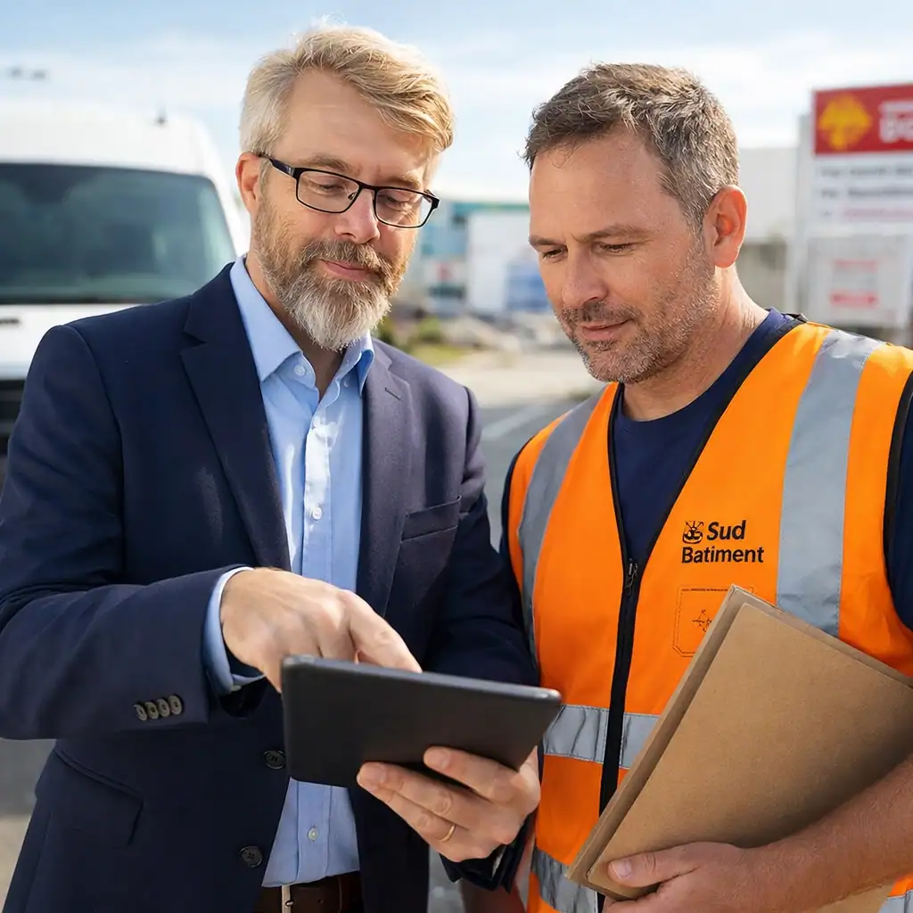 Courtier en assurance flotte automobile expliquant la conformité légale et le FVA sur une tablette à un chef de chantier à Nîmes et Arles, devant un utilitaire d'entreprise.