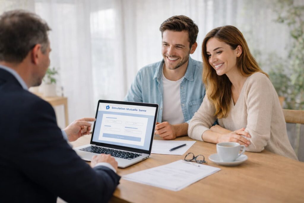 Courtier en assurance conseillant un couple pour choisir une mutuelle santé