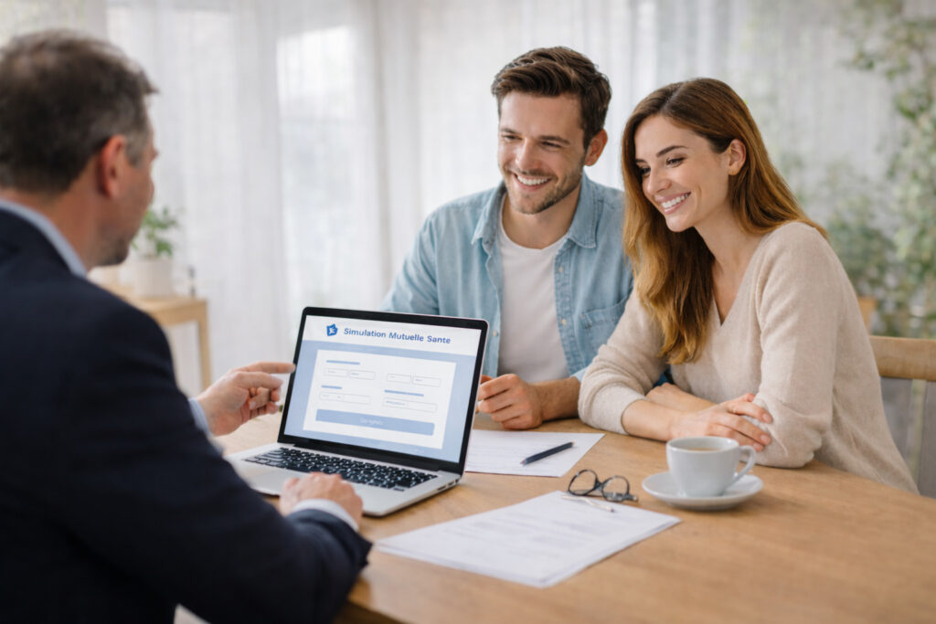 Courtier en assurance conseillant un couple pour choisir une mutuelle santé