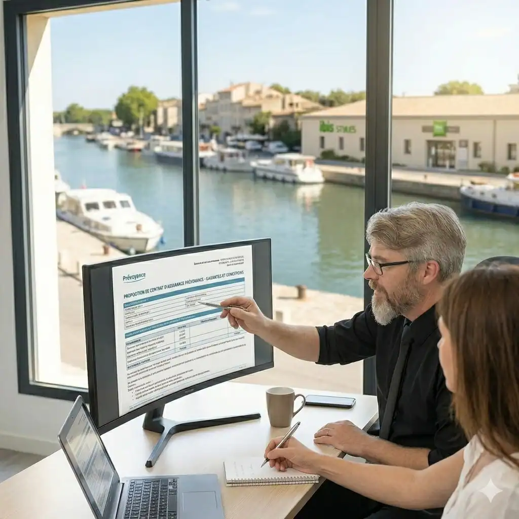 courtier expliquant les différentes garanties d'un contrat prévoyance à Beaucaire