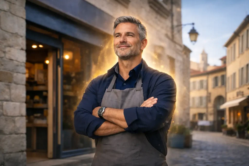 Un gérant d'entreprise local à Beaucaire (département 30/13), serein et protégé symboliquement par la Protection Juridique Professionnelle, devant son commerce.