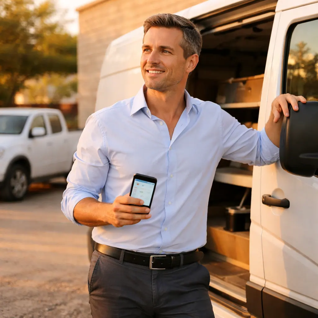 Chef d'entreprise du BTP serein avec son smartphone devant son fourgon utilitaire couvert par une assurance flotte à Nîmes et Arles, en Provence.