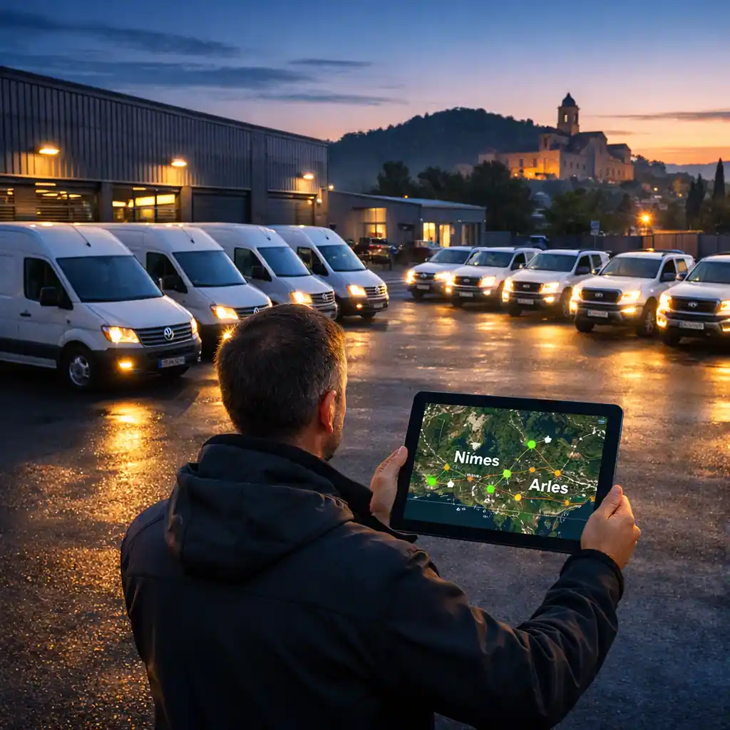 Gestionnaire de parc avec tablette tactile géolocalisant ses véhicules connectés au lever du soleil dans un dépôt près de Nîmes et Arles, pour optimiser son assurance flotte.