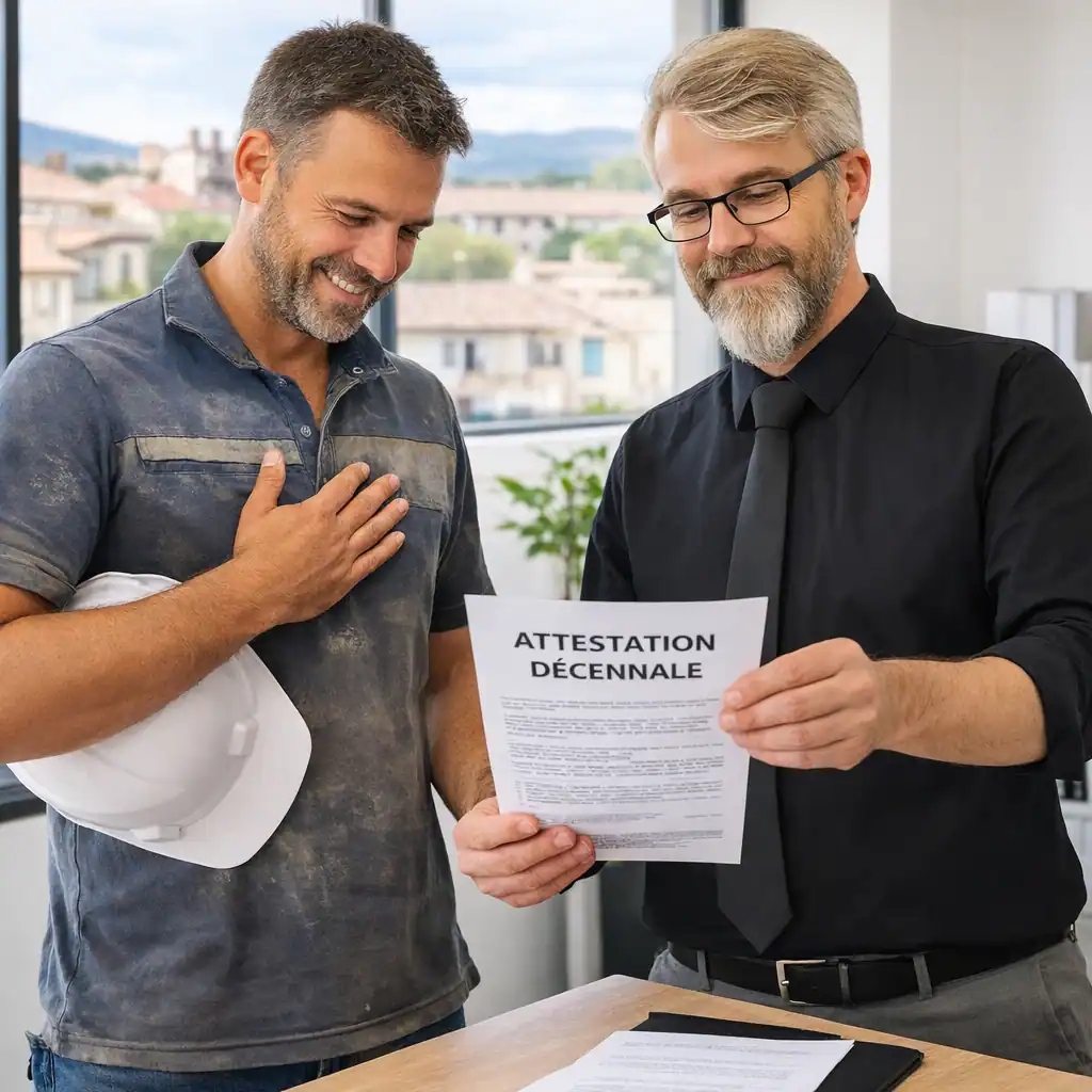 Remise en main propre de l'attestation décennale à un artisan du bâtiment à Arles, validant sa couverture immédiate.