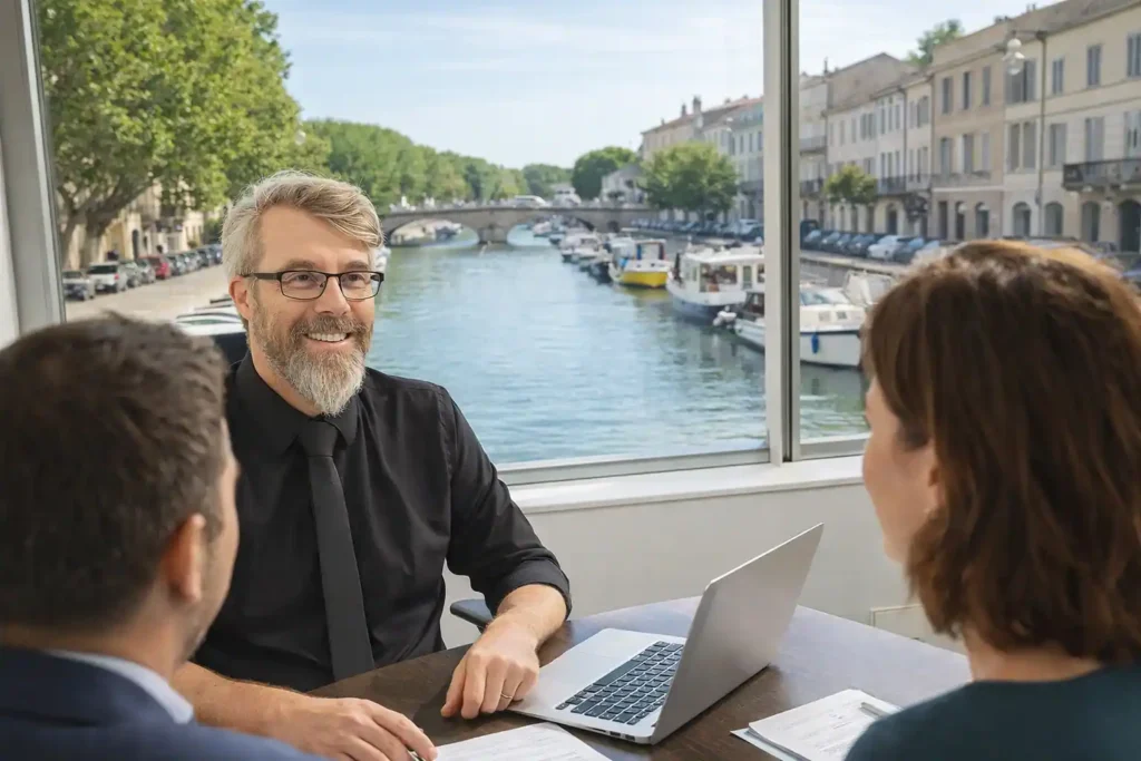 Courtier en assurance multirisque professionnelle recevant des clients dans son bureau avec vue sur le canal de Beaucaire.